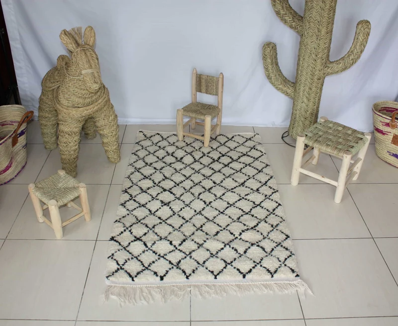 GRAND Tapis Marocain Berbère Beni Ouarain - Motif Petit Losange - Artisanal - 100% Laine de mouton