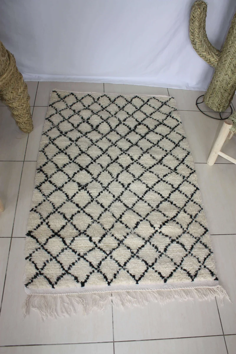 GRAND Tapis Marocain Berbère Beni Ouarain - Motif Petit Losange - Artisanal - 100% Laine de mouton