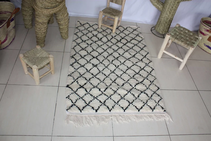 GRAND Tapis Marocain Berbère Beni Ouarain - Motif Petit Losange - Artisanal - 100% Laine de mouton