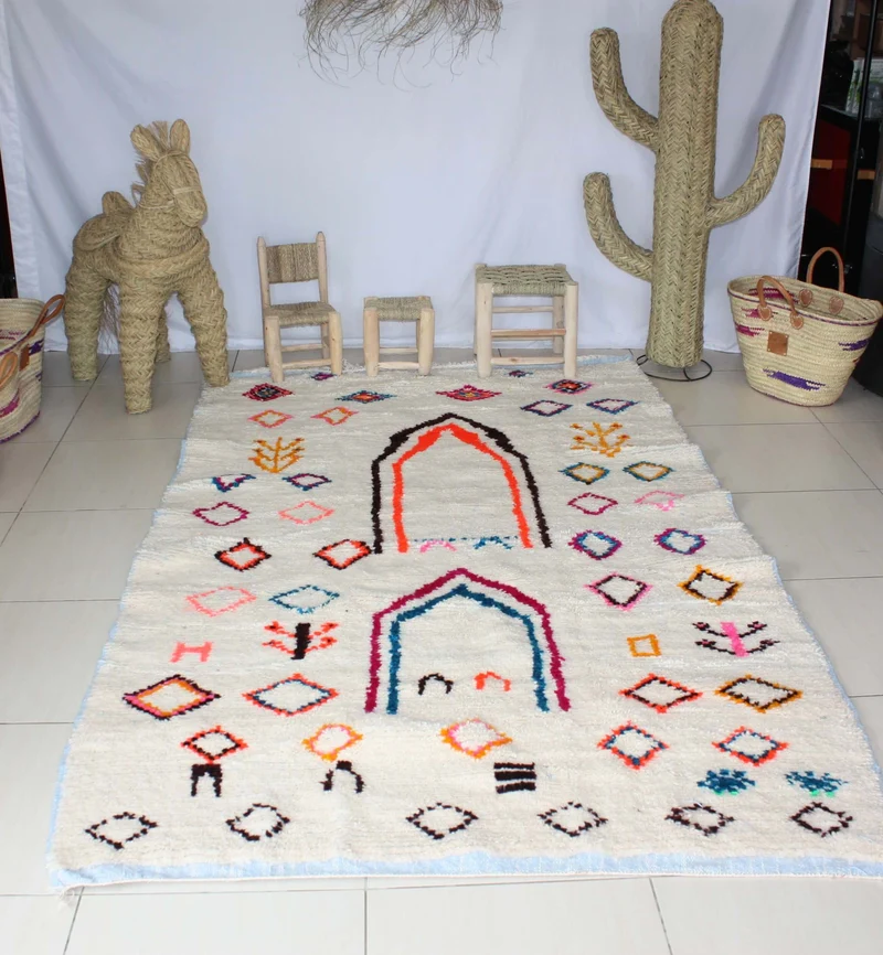 GRAND Tapis Marocain Beni Ouarain - Motif berbère Multicolore - 100% Laine de mouton - Tissé Main -