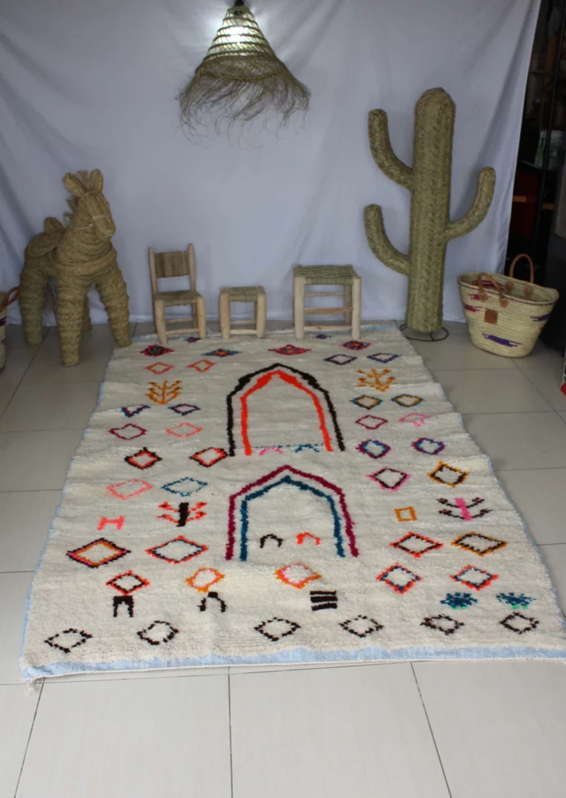 GRAND Tapis Marocain Beni Ouarain - Motif berbère Multicolore - 100% Laine de mouton - Tissé Main -