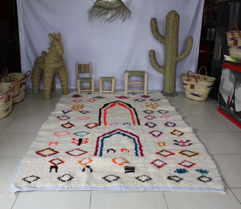 GRAND Tapis Marocain Beni Ouarain - Motif berbère Multicolore - 100% Laine de mouton - Tissé Main -