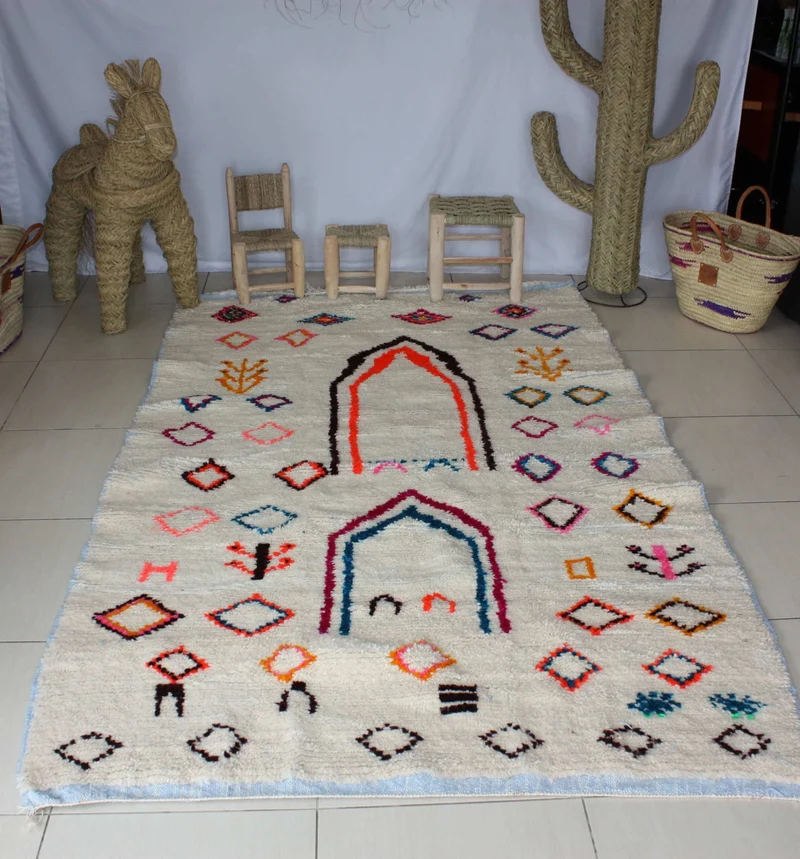 GRAND Tapis Marocain Beni Ouarain - Motif berbère Multicolore - 100% Laine de mouton - Tissé Main -