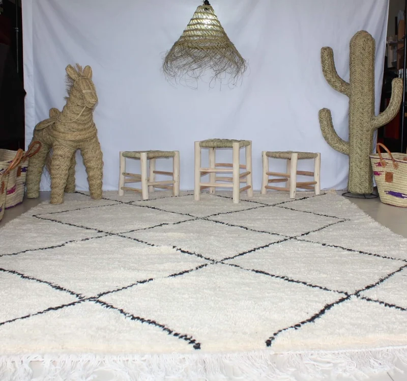 GRAND Tapis Marocain Beni Ouarain - Blanc motif Losange - Artisanal Berbère - 100% Laine de mouton