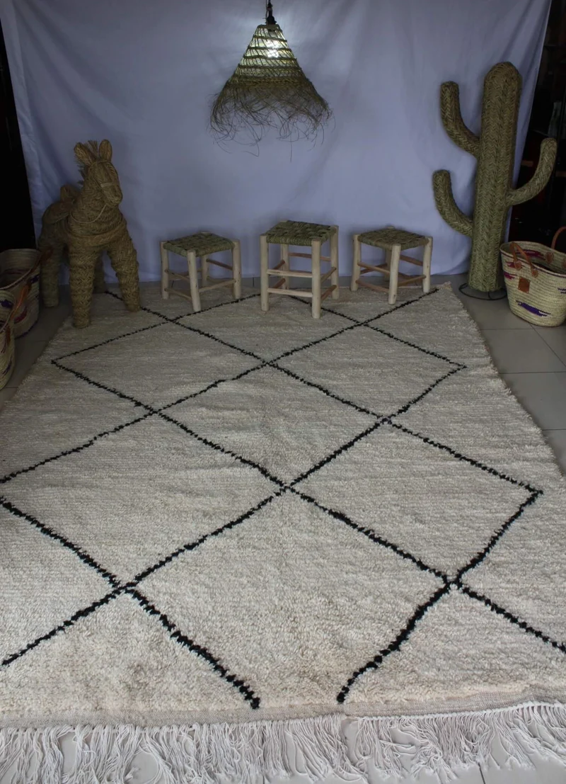 GRAND Tapis Marocain Beni Ouarain - Blanc motif Losange - Artisanal Berbère - 100% Laine de mouton