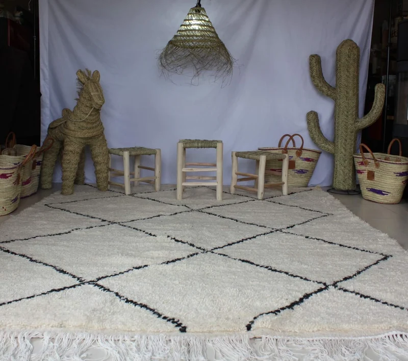 GRAND Tapis Marocain Beni Ouarain - Blanc motif Losange - Artisanal Berbère - 100% Laine de mouton