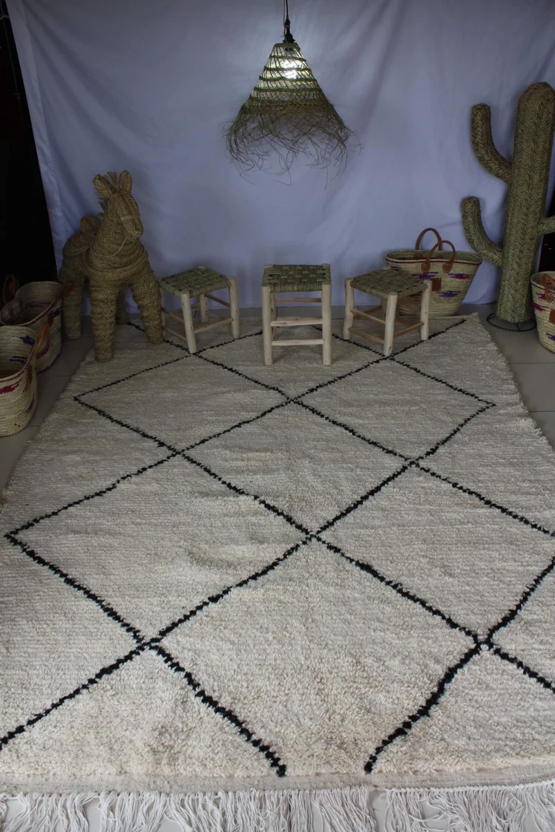 GRAND Tapis Marocain Beni Ouarain - Blanc motif Losange - Artisanal Berbère - 100% Laine de mouton