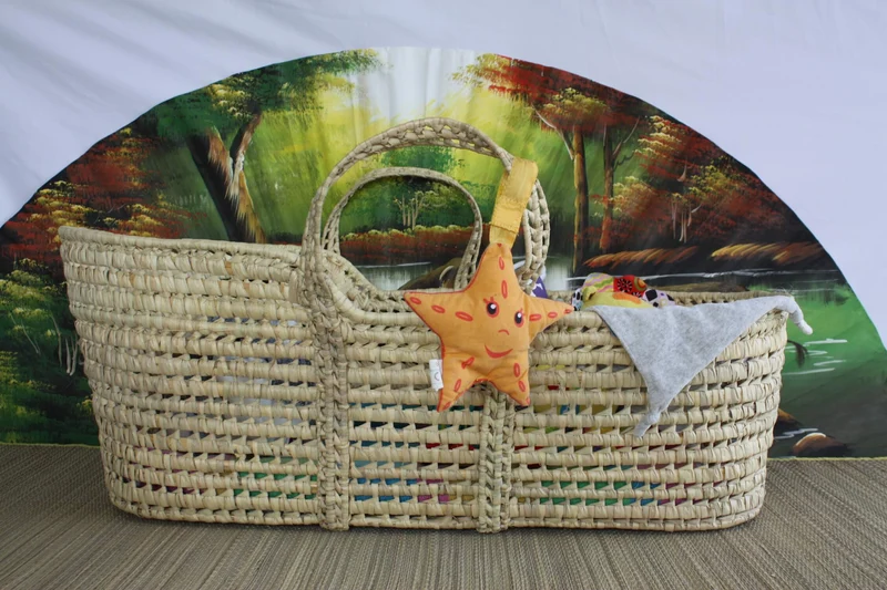 GRAND Couffin pour bébé - Lit avec chapeau Tressé en Palmier - Berceau avec poignées - 100% NATUREL
