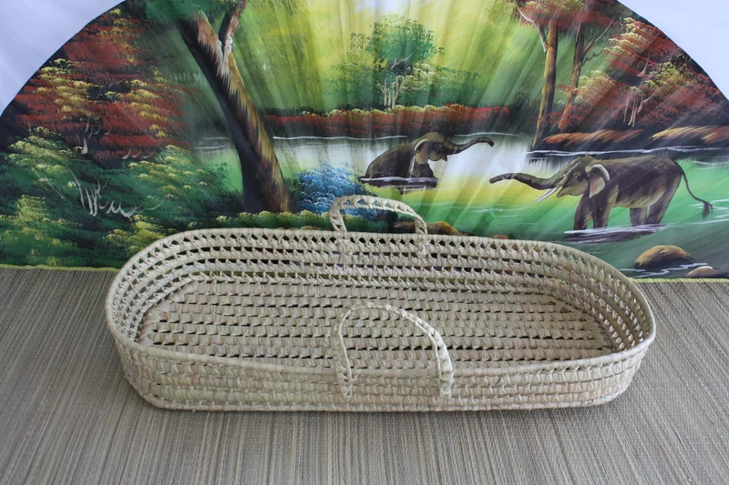 PANIER À LANGER - Plan change bébé - Tressé en Palmier Blanc - Avec poignées - 100% NATUREL -