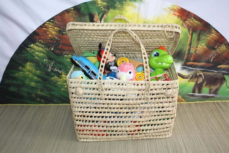 GRAND Coffre à jouets / Malle de rangement - Bac Corbeille Tressé en Doum - Maxi XXL paille rotin osier palmier - peluches doudous