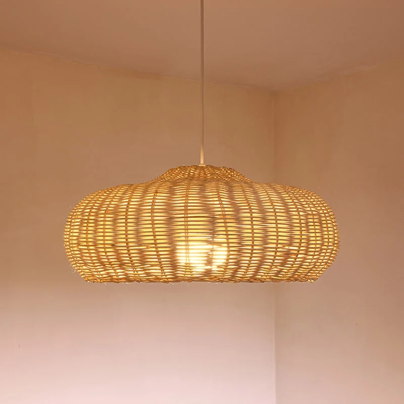 Luminaire pendant style village chinois, en rotin et osier naturel, plateau, fait à la main