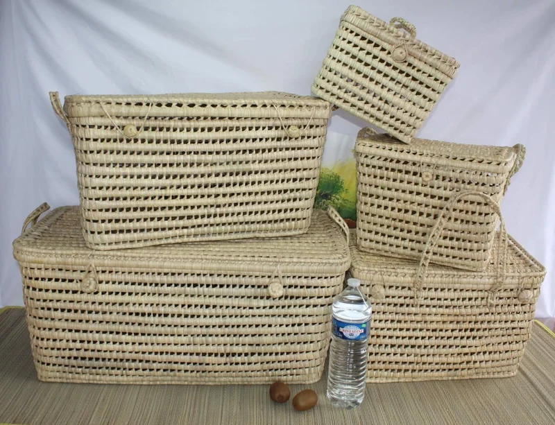 Coffre de rangement - 5 Tailles - Malle tressé en Palmier Doum - Bac Corbeille avec couvercle - Paille Rotin Osier