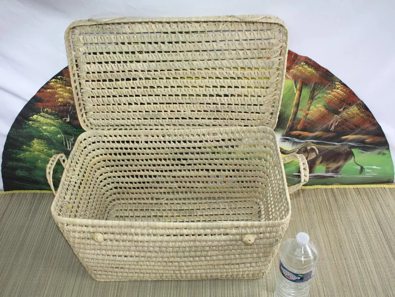 Coffre de rangement - 5 Tailles - Malle tressé en Palmier Doum - Bac Corbeille avec couvercle - Paille Rotin Osier