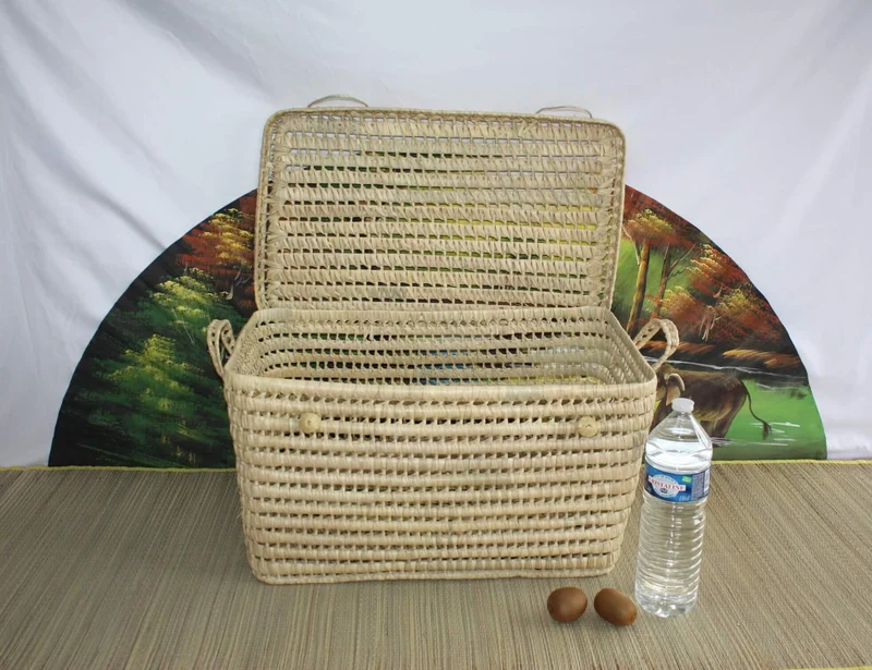 Coffre de rangement - 5 Tailles - Malle tressé en Palmier Doum - Bac Corbeille avec couvercle - Paille Rotin Osier