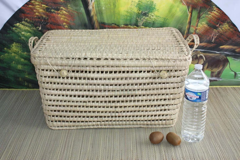 Coffre de rangement - 5 Tailles - Malle tressé en Palmier Doum - Bac Corbeille avec couvercle - Paille Rotin Osier