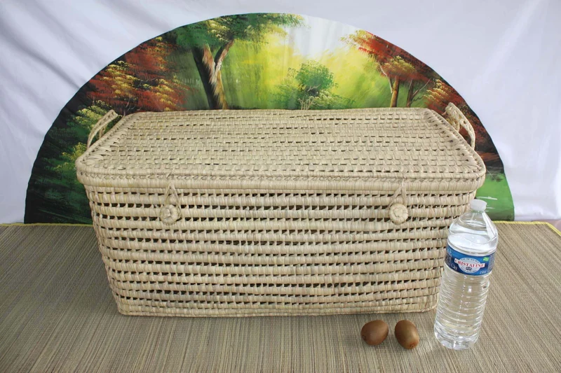Coffre de rangement - 5 Tailles - Malle tressé en Palmier Doum - Bac Corbeille avec couvercle - Paille Rotin Osier