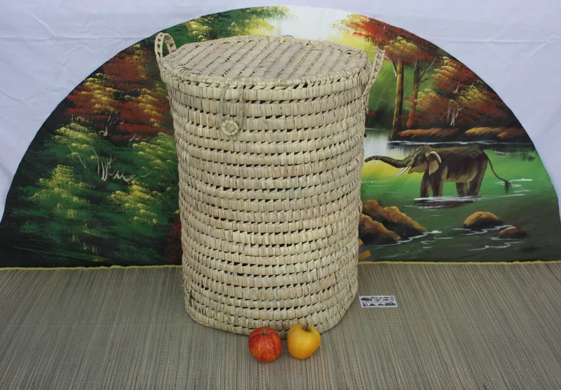Grand Panier à linge Rond - TRESSÉ MAIN en PALMIER Blanc - Bac Corbeille osier paille rotin
