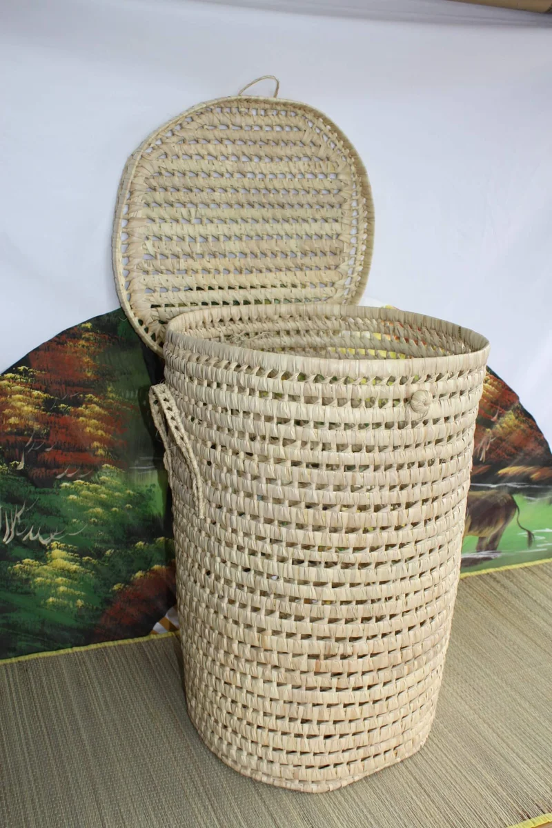Grand Panier à linge Rond - TRESSÉ MAIN en PALMIER Blanc - Bac Corbeille osier paille rotin