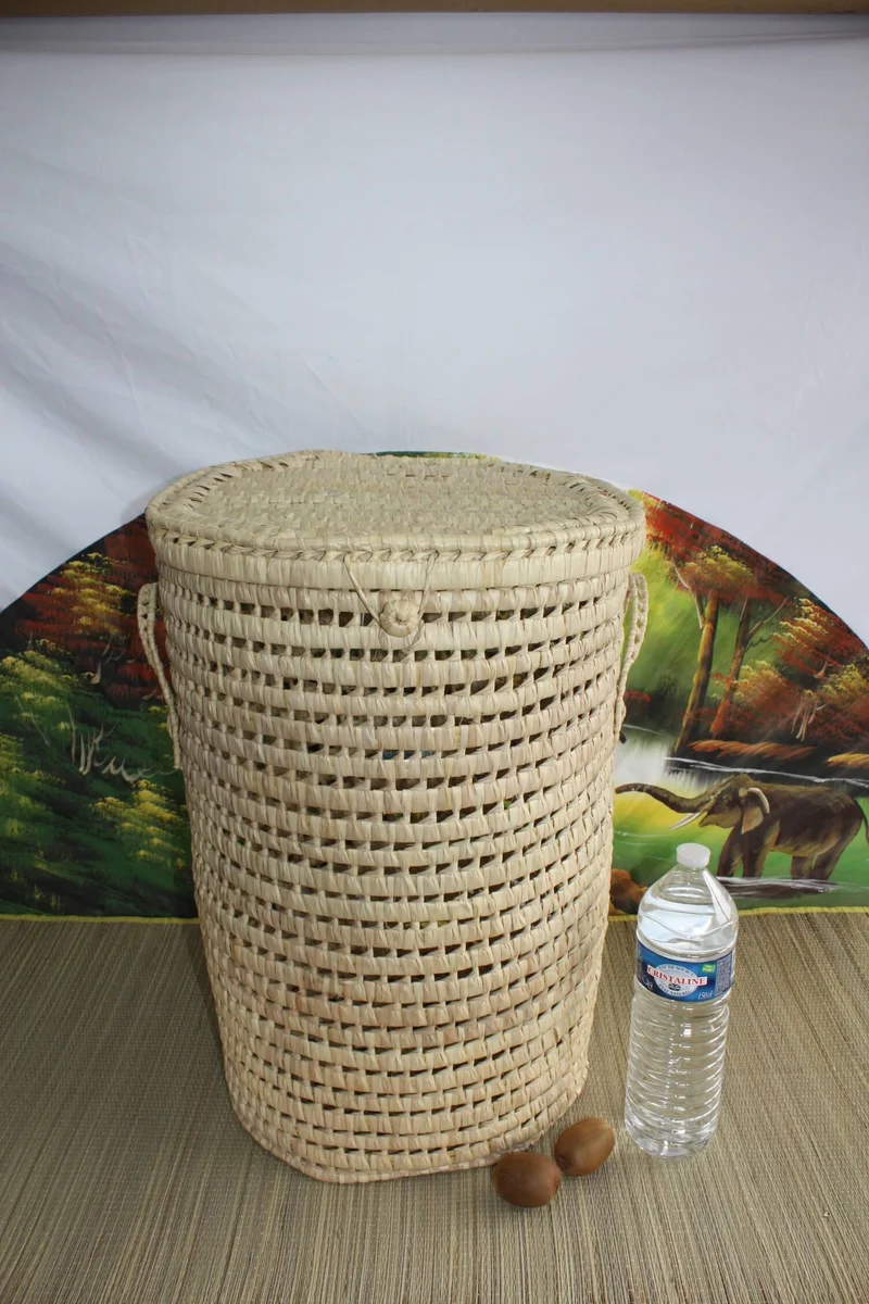 Grand Panier à linge Rond - TRESSÉ MAIN en PALMIER Blanc - Bac Corbeille osier paille rotin