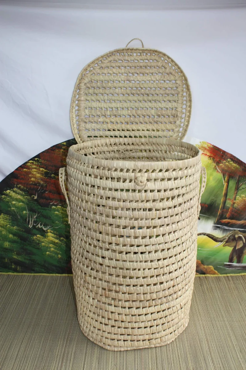 Grand Panier à linge Rond - TRESSÉ MAIN en PALMIER Blanc - Bac Corbeille osier paille rotin