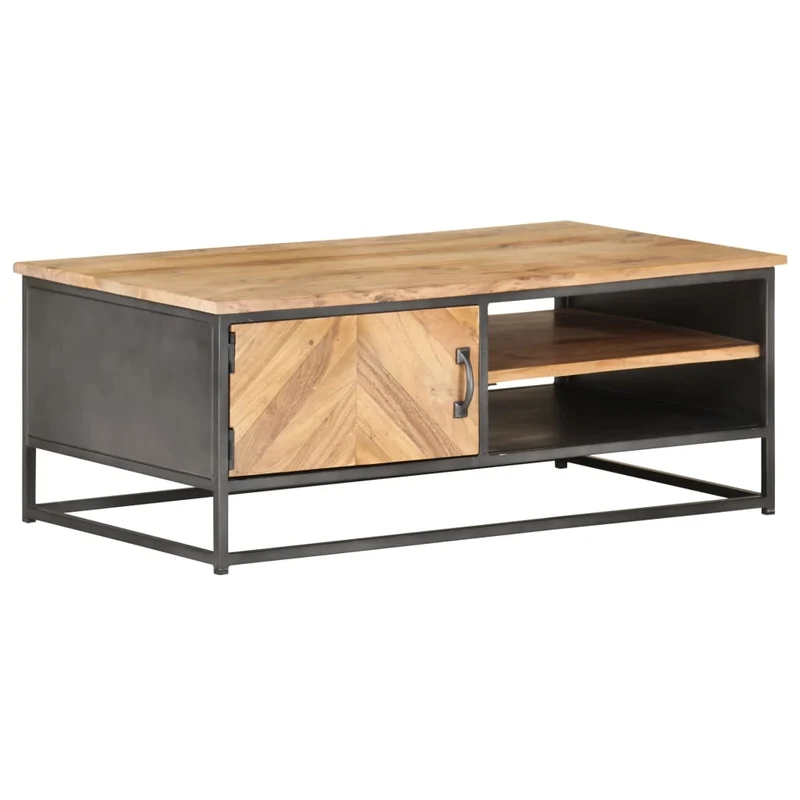 Table basse de salon avec 2 compartiments ouverts et 1 porte 90 x 50 x 35 cm bois d'acacia massif acier DEC037224