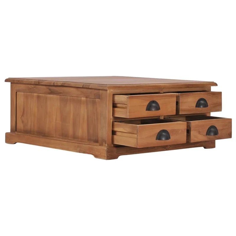 Table basse de salon avec 4 tiroirs design rustique 68 x 68 x 30 cm bois de teck solide DEC037118