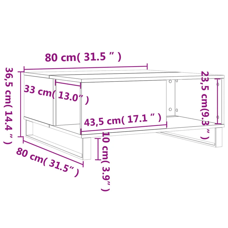 Table basse design rustique moderne 80 x 80 x 36,5 cm bois d'ingénierie couleur chêne et métal DEC039006