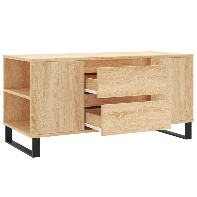 Table basse avec tiroirs et étagères design rustique moderne 102 x 44,5 x 50 cm bois d'ingénierie couleur chêne et métal DEC038890