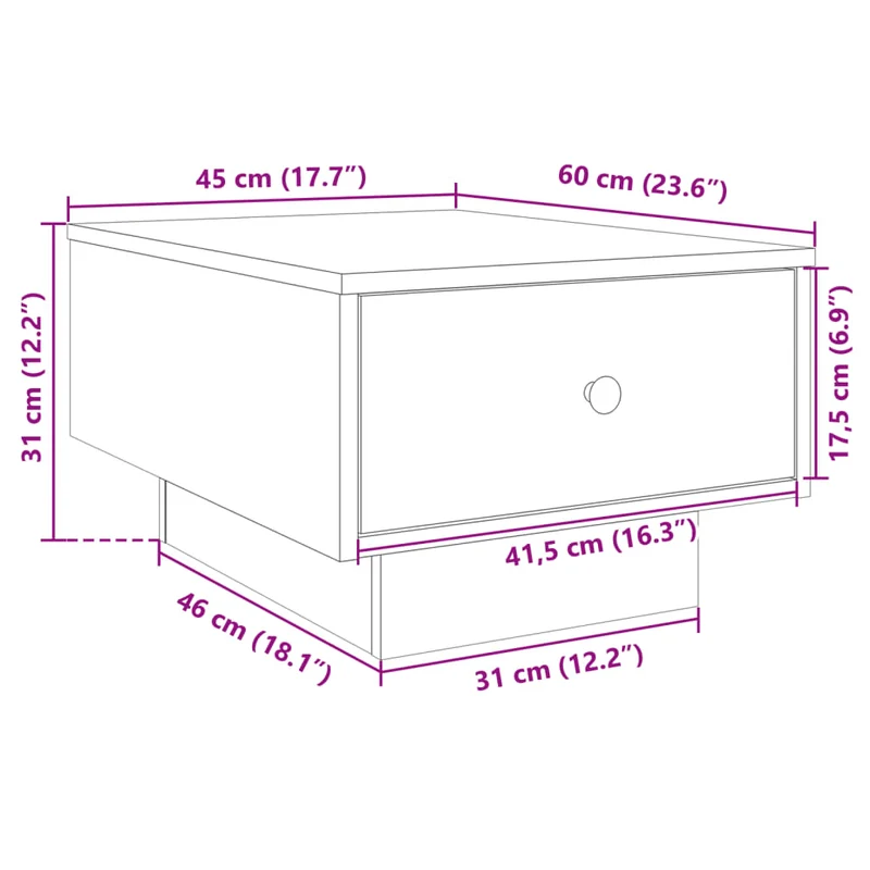 Table basse avec tiroir design moderne 60 x 45 x 31 cm bois d'ingénierie noir et métal DEC039704
