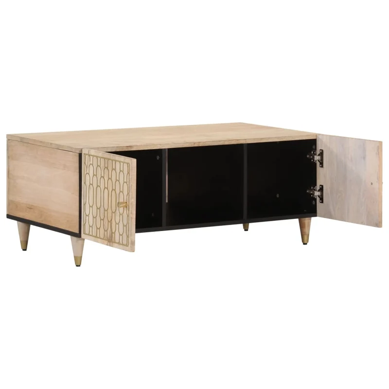 Table basse de salon design rustique 100 x 54 x 40 cm bois de manguier avec motifs sculptés DEC036945