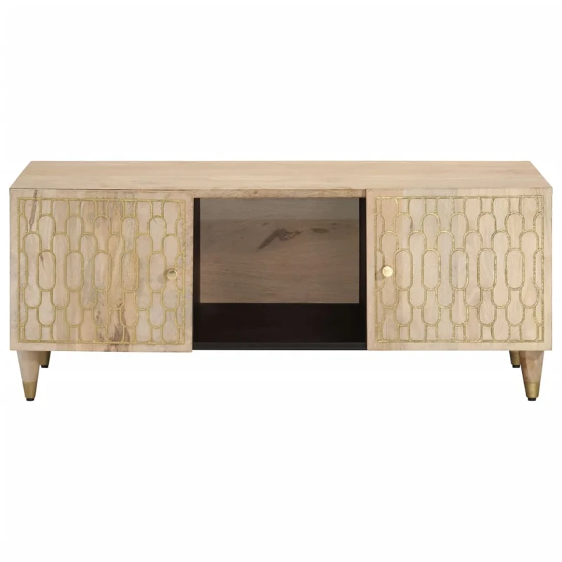 Table basse de salon design rustique 100 x 54 x 40 cm bois de manguier avec motifs sculptés DEC036945