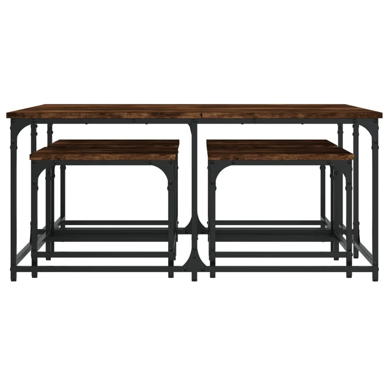 Lot de 3 tables d'appoint gigognes style industriel en bois d'ingénierie marron et fer DEC040577