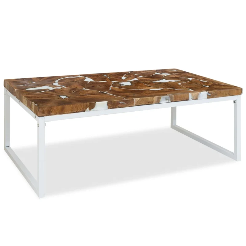 Table basse design rustique 110 x 60 x 40 cm teck véritable avec remplissage de résine acier blanc DEC040181