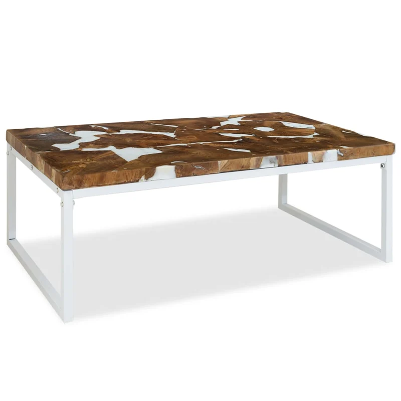 Table basse design rustique 110 x 60 x 40 cm teck véritable avec remplissage de résine acier blanc DEC040181