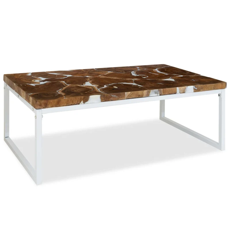 Table basse design rustique 110 x 60 x 40 cm teck véritable avec remplissage de résine acier blanc DEC040181