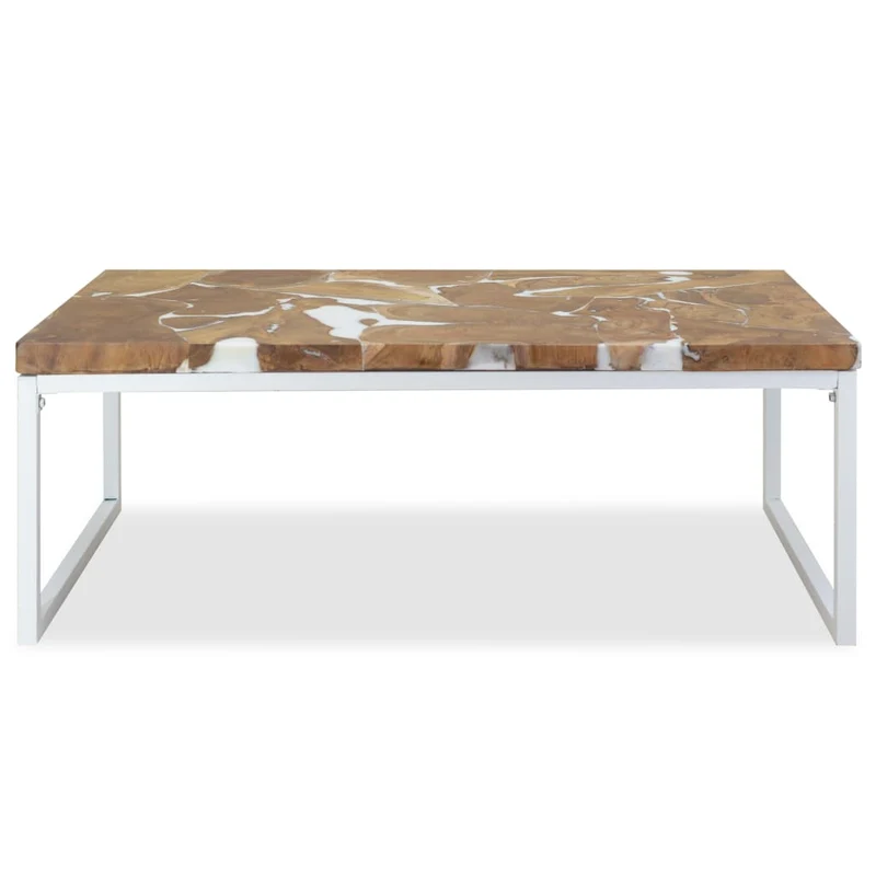 Table basse design rustique 110 x 60 x 40 cm teck véritable avec remplissage de résine acier blanc DEC040181