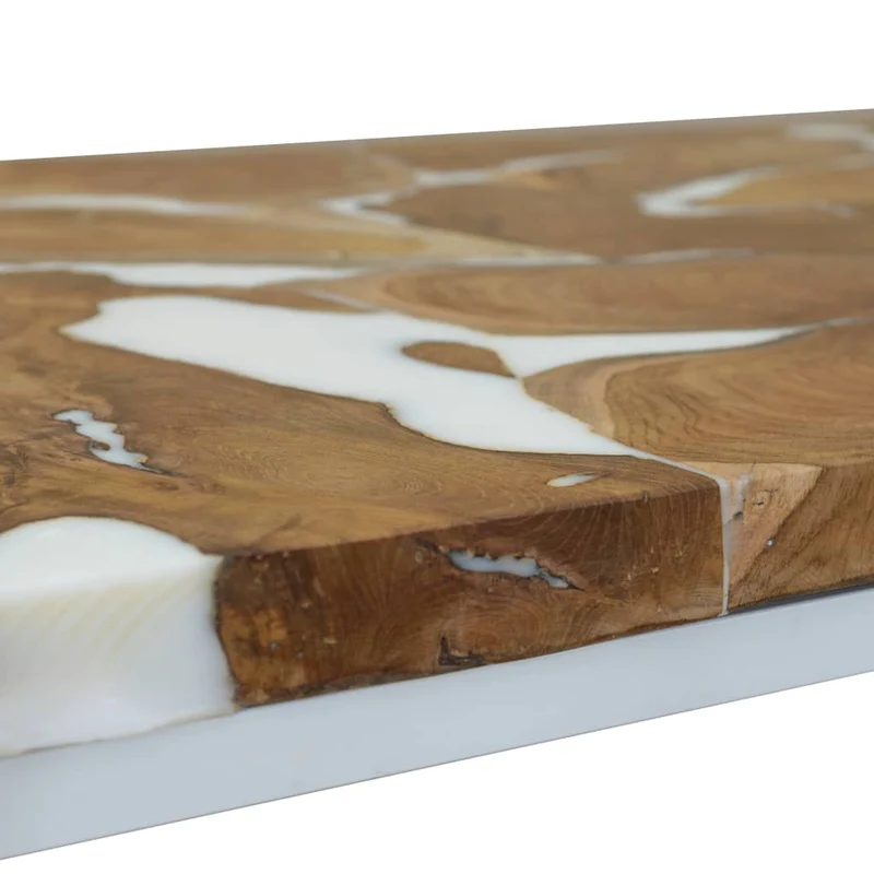 Table basse design rustique 110 x 60 x 40 cm teck véritable avec remplissage de résine acier blanc DEC040181