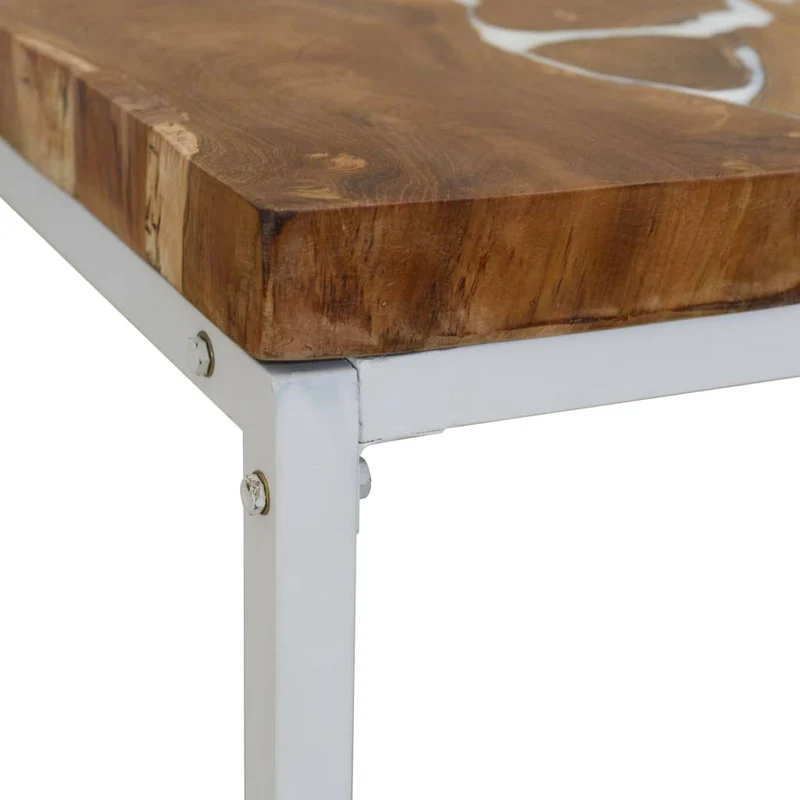 Table basse design rustique 110 x 60 x 40 cm teck véritable avec remplissage de résine acier blanc DEC040181