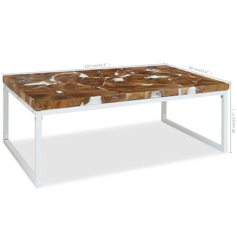 Table basse design rustique 110 x 60 x 40 cm teck véritable avec remplissage de résine acier blanc DEC040181