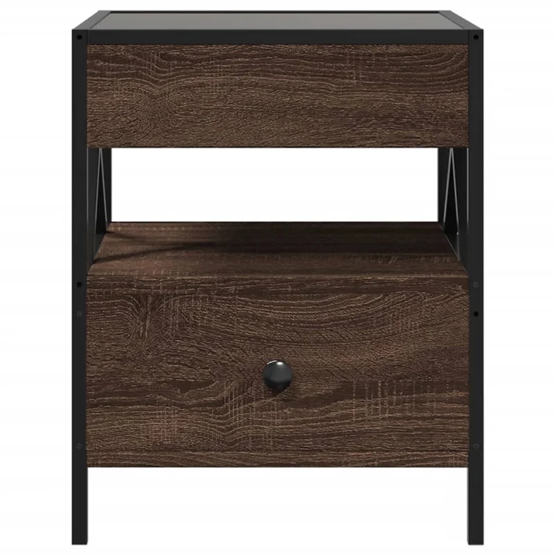 Table de chevet avec miroir à LED avec tiroir et compatiment 40 x 40 x 51 cm bois d'ingénierie marron verre et acier DEC033140