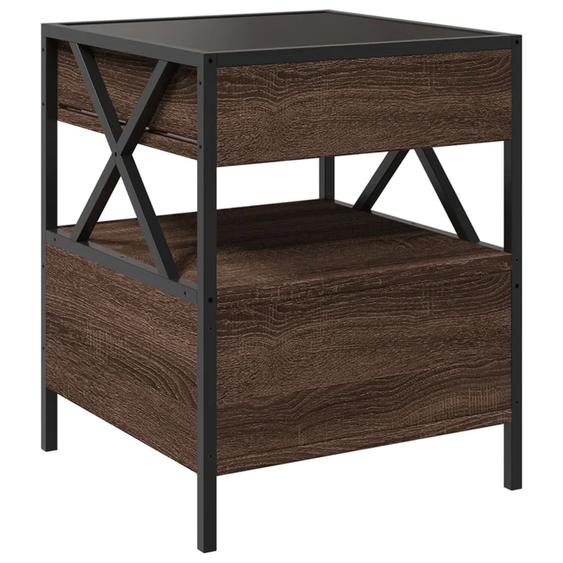 Table de chevet avec miroir à LED avec tiroir et compatiment 40 x 40 x 51 cm bois d'ingénierie marron verre et acier DEC033140