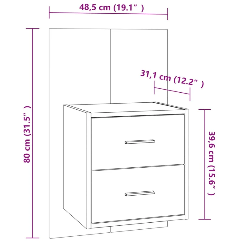 Table de chevet murale 48,5 x 32,5 x 80 cm en bois d'ingénierie blanc brilliant DEC034234