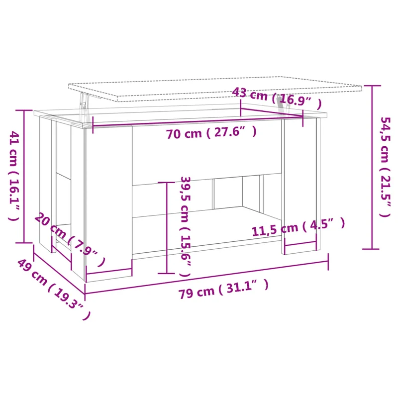 Table basse avec plateau relevable design moderne 79 x 49 x 41 cm bois d'ingénierie gris DEC039337