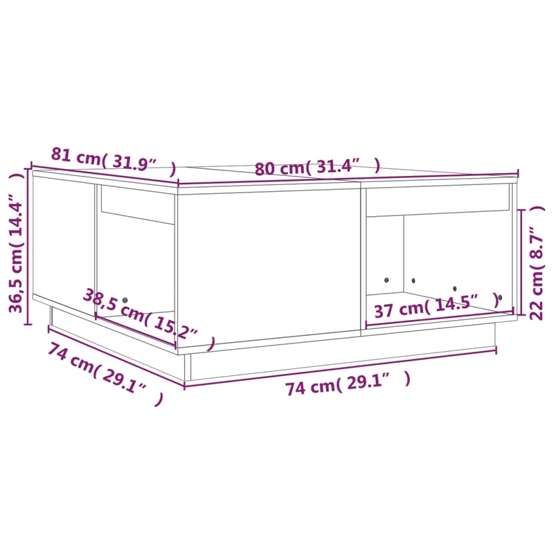 Table basse avec espace de rangement design rustique moderne 80 x 81 x 36,5 cm bois massif de pin couleur marron miel DEC039503