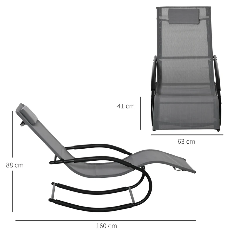 Chaise longue à bascule 62 x 150 x 84 cm assise ergonomique incurvée confortable légère contemporain en textilène gris 21_0004685