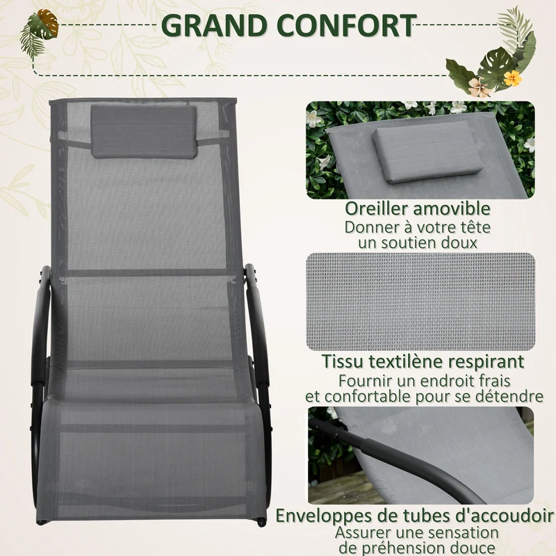Chaise longue à bascule 62 x 150 x 84 cm assise ergonomique incurvée confortable légère contemporain en textilène gris 21_0004685