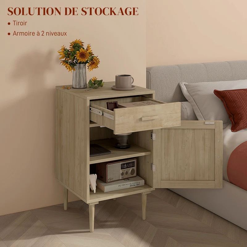 Lot de 2 tables de chevet avec placard et étagère 40 x 40 x 68,5 cm gain de place un tiroir rustique en bois naturel 21_0001681