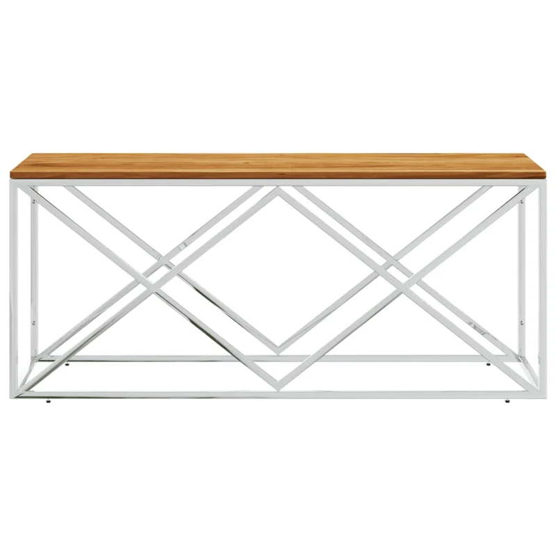 Table basse de salon design moderne en acier inoxydable argenté et bois massif d'acacia DEC037254