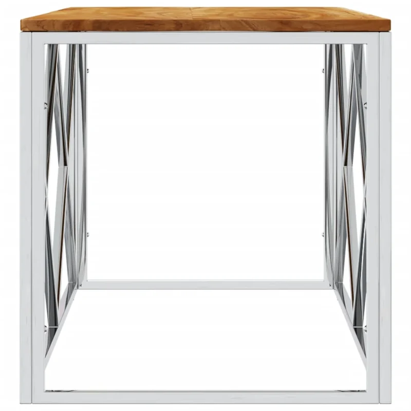Table basse de salon design moderne en acier inoxydable argenté et bois massif d'acacia DEC037254