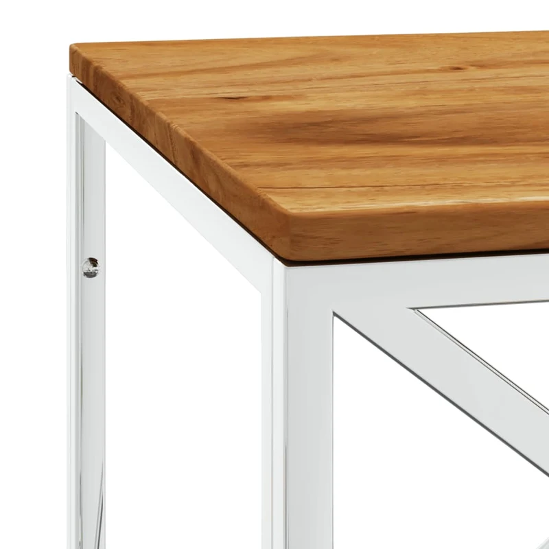 Table basse de salon design moderne en acier inoxydable argenté et bois massif d'acacia DEC037254